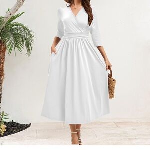 Classic White Wrap Midi Dress - Elegant V-Neck Women’s Dress